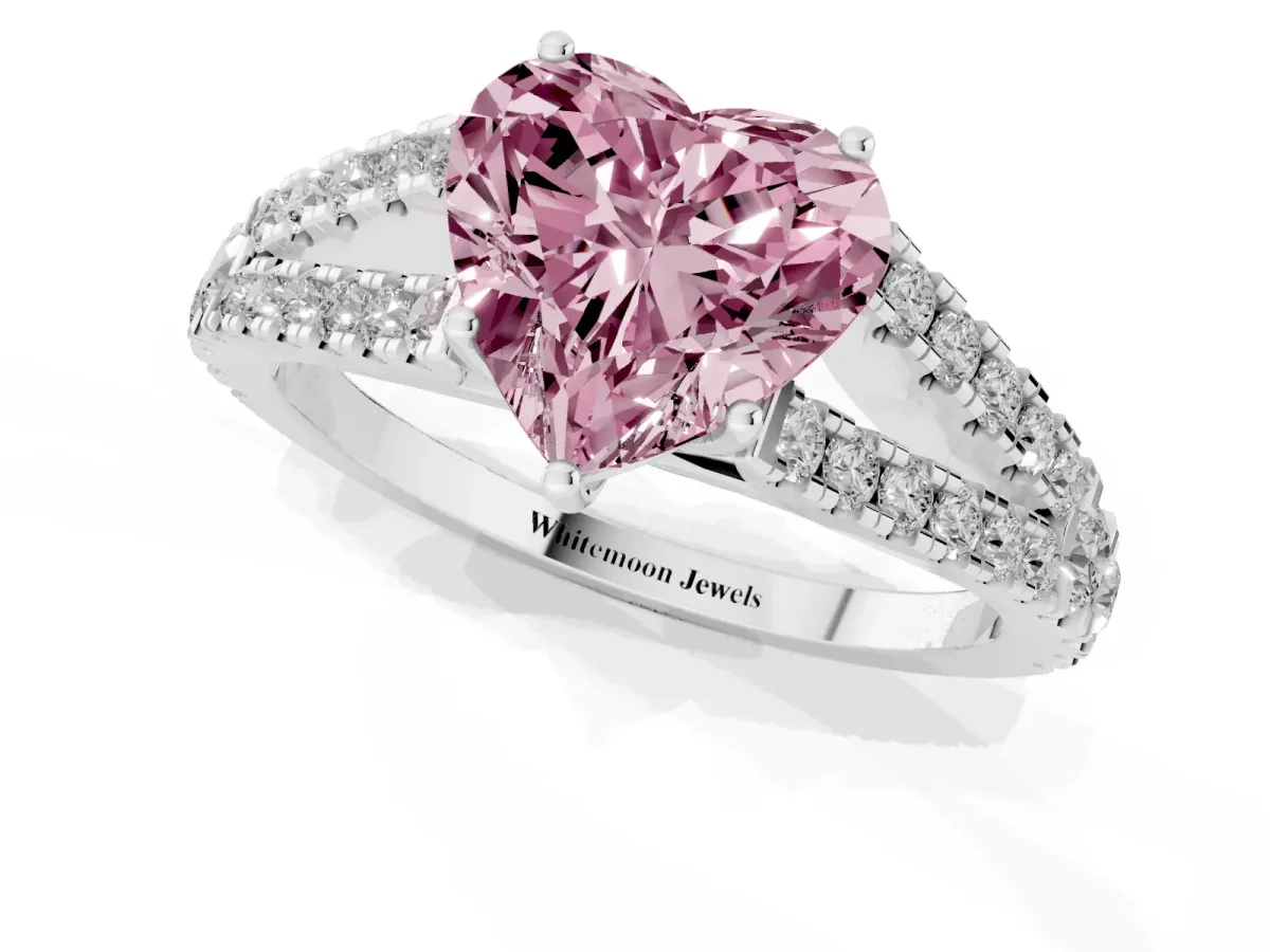Fancy Pink Heart Cut Diamond Split Shank Pavé Engagement Ring with Four-Prong Setting Platinum
