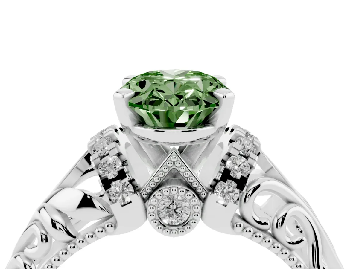 Fancy Green Oval Cut Solitaire Filigree Engagement Ring with Halo and Prong Setting Silver