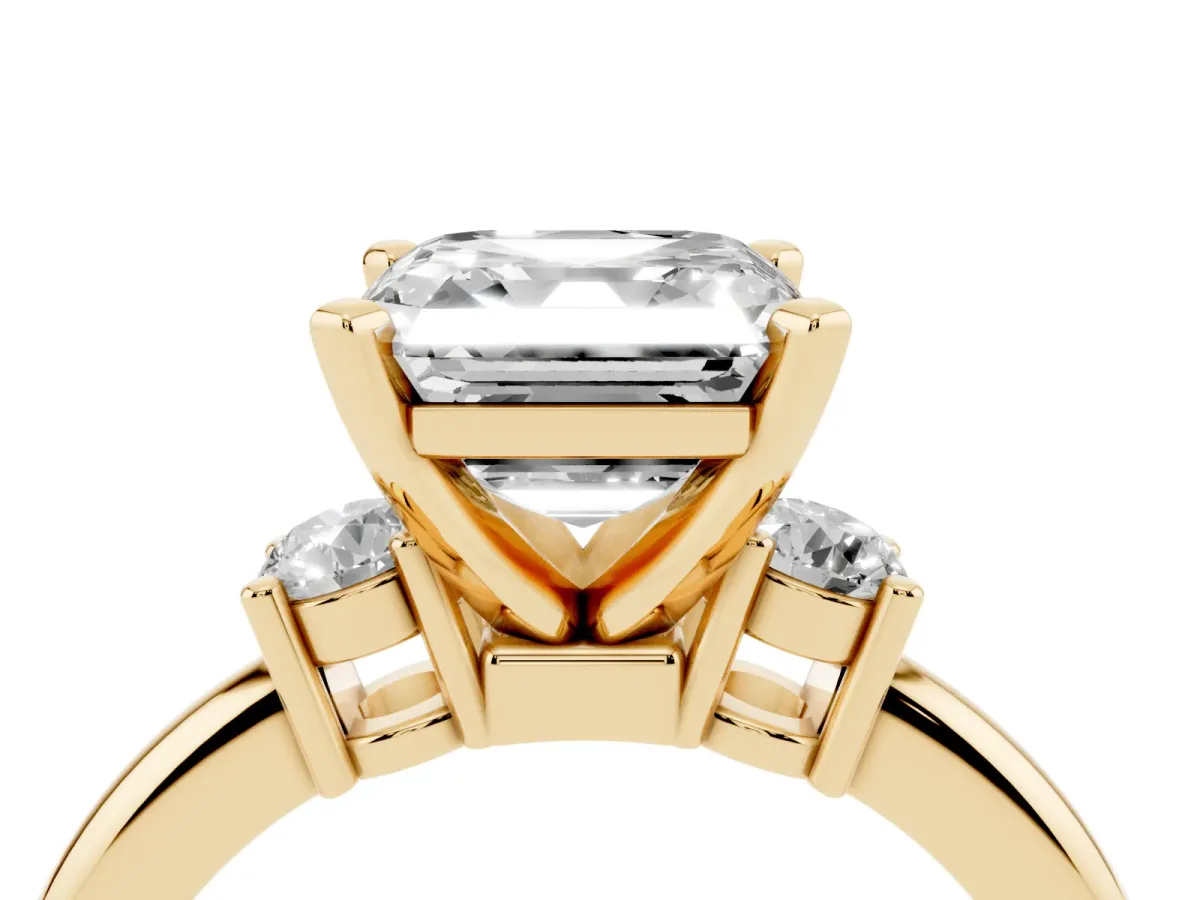 Three-Stone Asscher Cut Cut Diamond Solitaire with Prong Setting and Classic Band Yellow gold