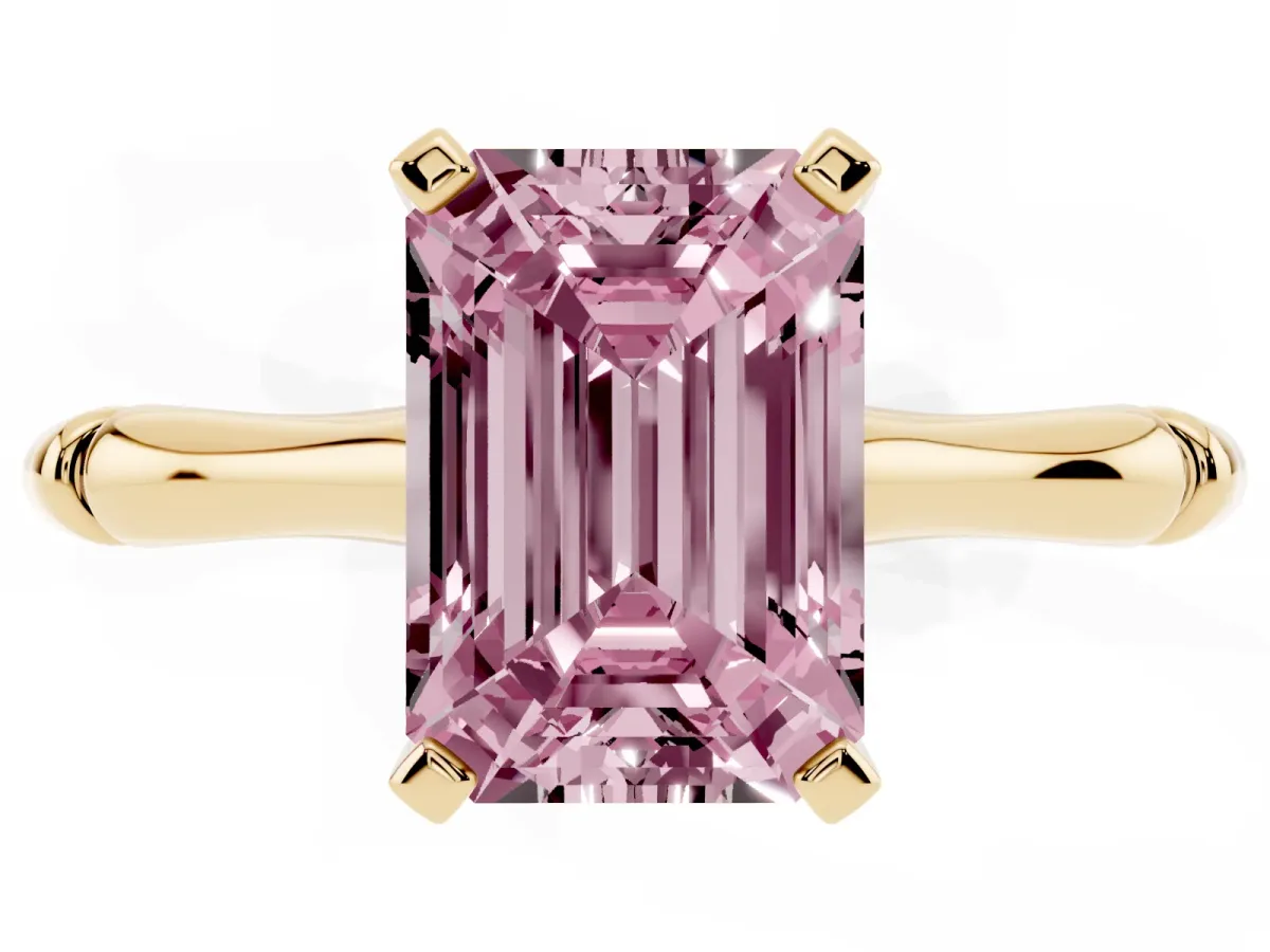 Fancy Pink Emerald Cut Solitaire Diamond Ring with Bamboo Band and Four-Prong Setting Yellow gold
