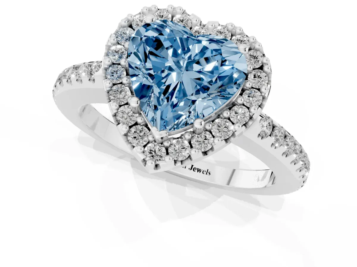 Fancy Blue Heart Cut Diamond Pavé Halo Ring with Four-Prong Setting Silver