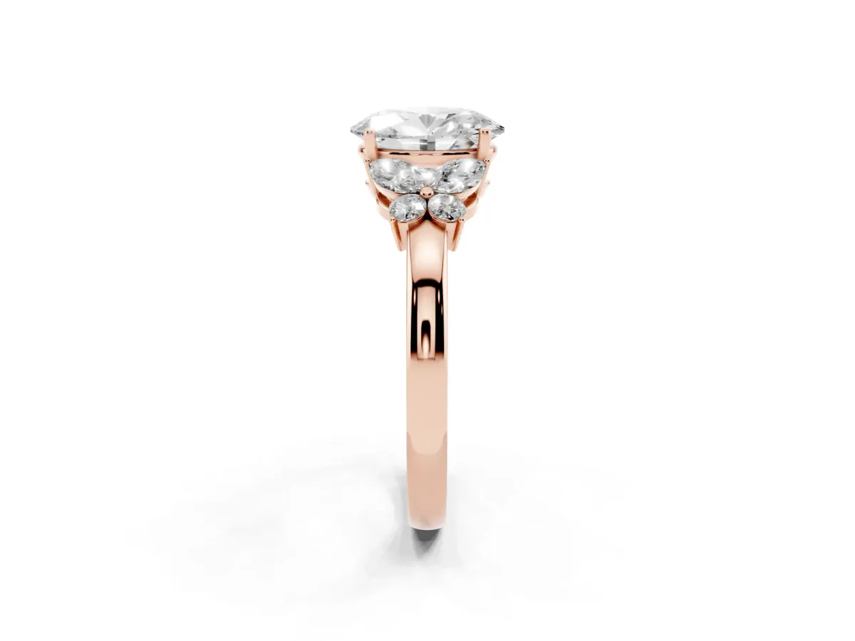 Oval Cut Cut Solitaire Floral Diamond Ring with Four-Prong Setting Rose gold