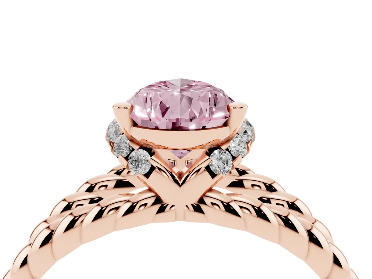 Fancy Pink Pear Cut Halo Twisted Band Four-Prong Ring Rose gold