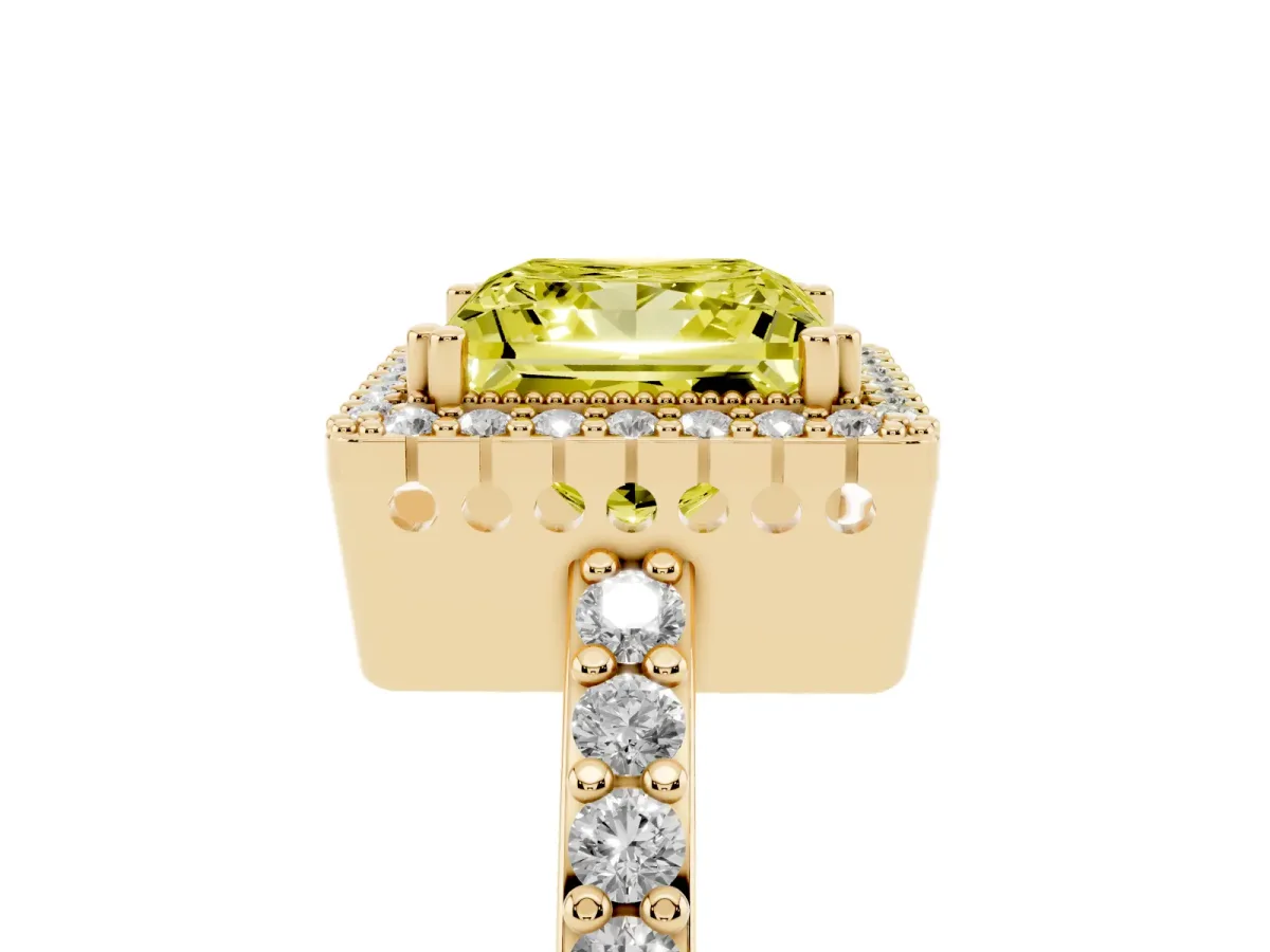 Fancy Yellow Princess Cut Cut Diamond Halo Engagement Ring with Milgrain Detail and Pavé Band Yellow gold
