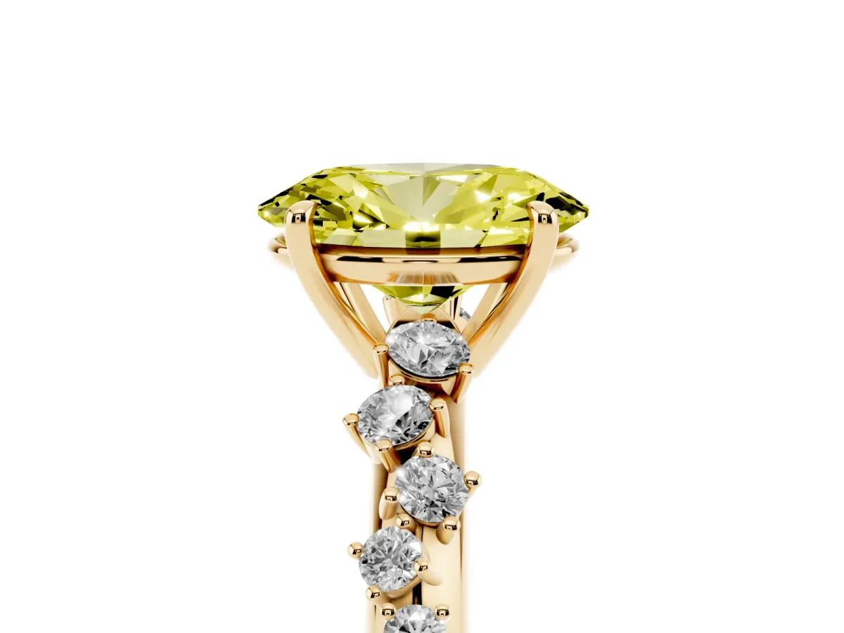 Fancy Yellow Oval Cut Diamond Cluster Side Stone Solitaire Ring with Prong Setting Yellow gold