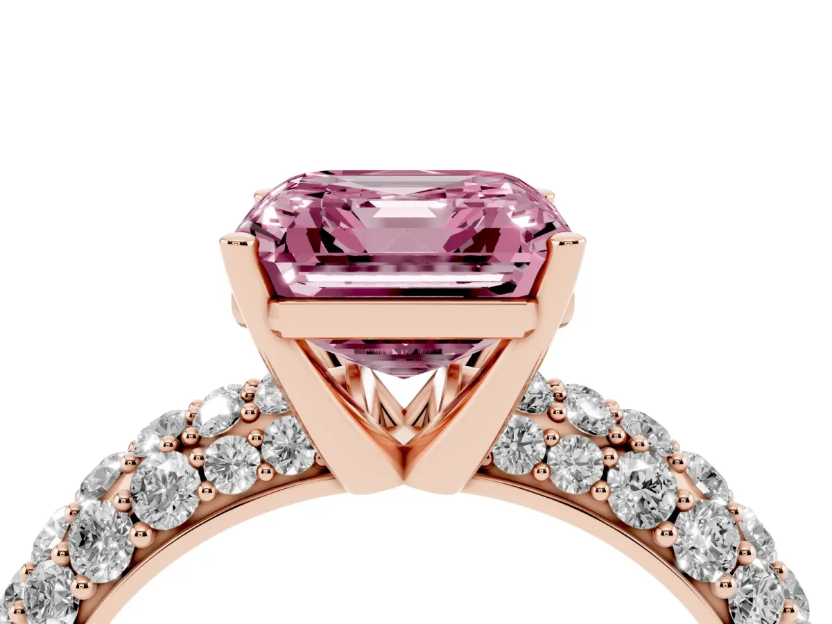 Fancy Pink Asscher Cut Diamond Pavé Band Solitaire Ring with Four-Prong Setting Rose gold