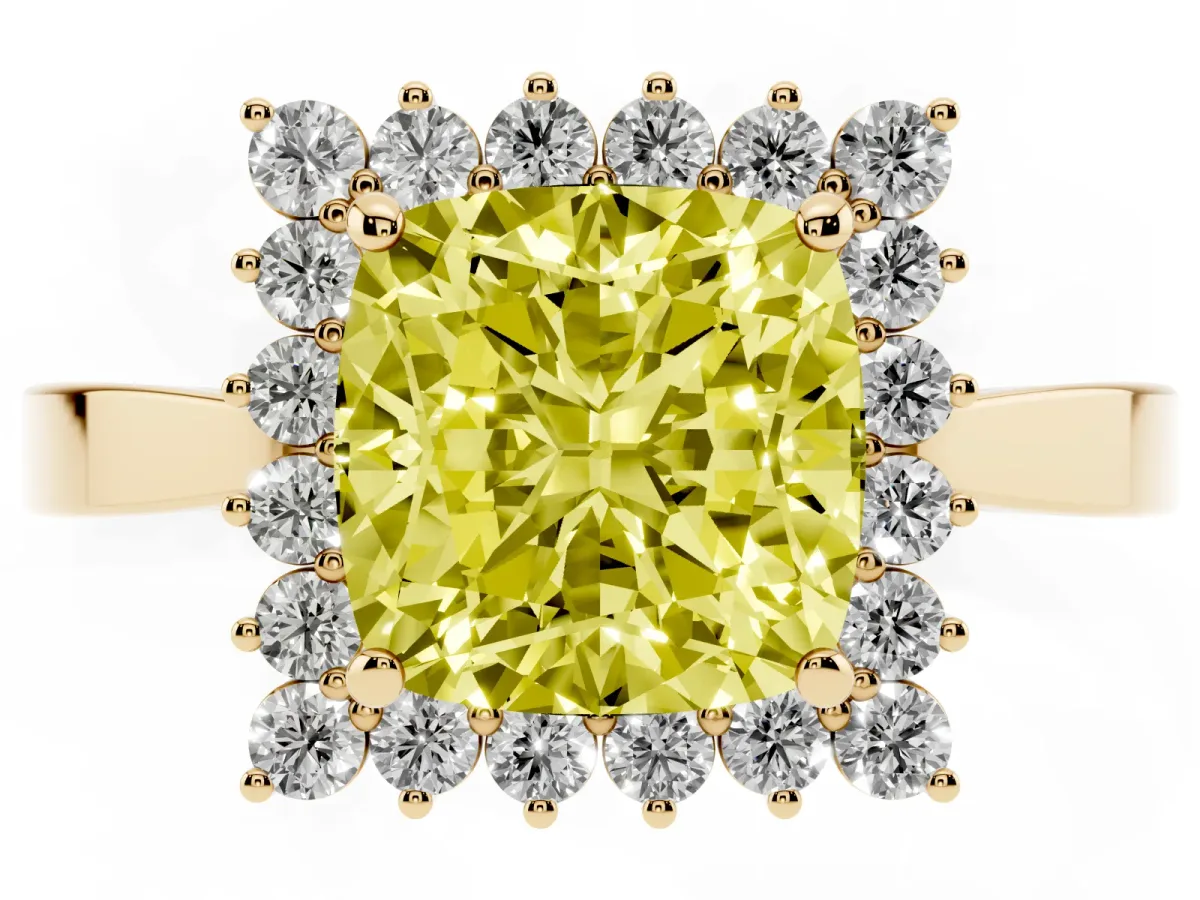 Fancy Yellow Cushion Cut Cut Diamond Halo Ring with Round Brilliant Halo and Solitaire Band Yellow gold