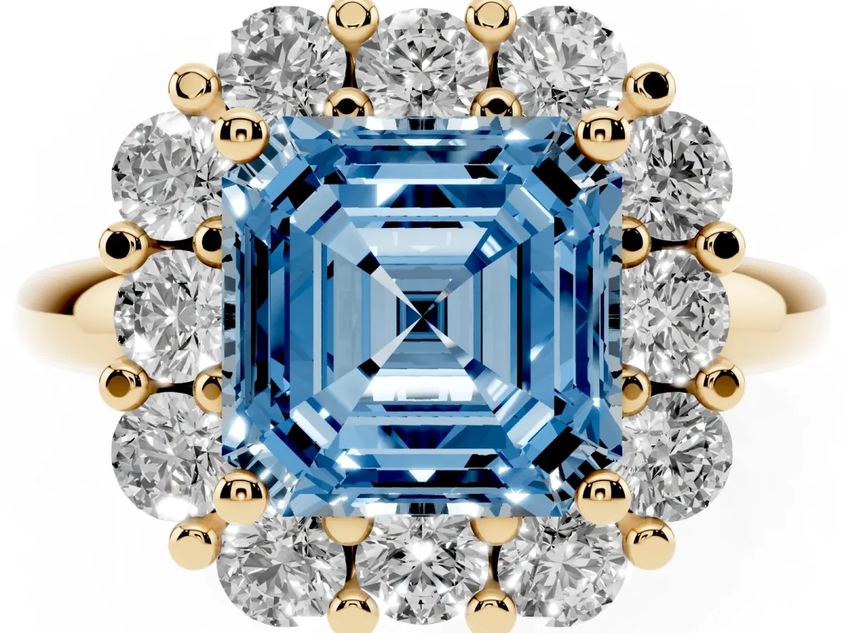 Fancy Blue Asscher Cut Halo Cluster Diamond Engagement Ring with Prong Setting and Polished Band Yellow gold