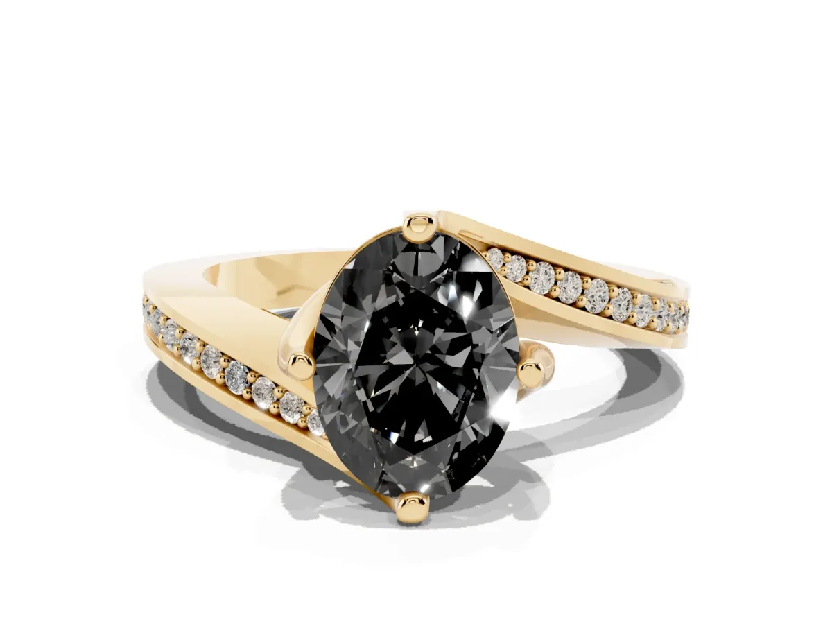 Fancy Black Oval Cut Solitaire Diamond Twist Band with Pavé Setting and Four-Prong Setting Yellow gold
