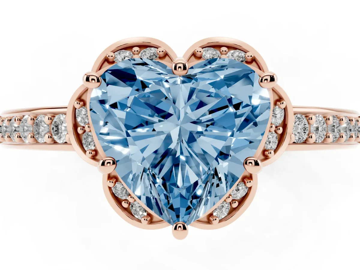 Fancy Blue Heart Cut Cut Halo Diamond Ring with Channel Set Band and Four-Prong Setting Rose gold