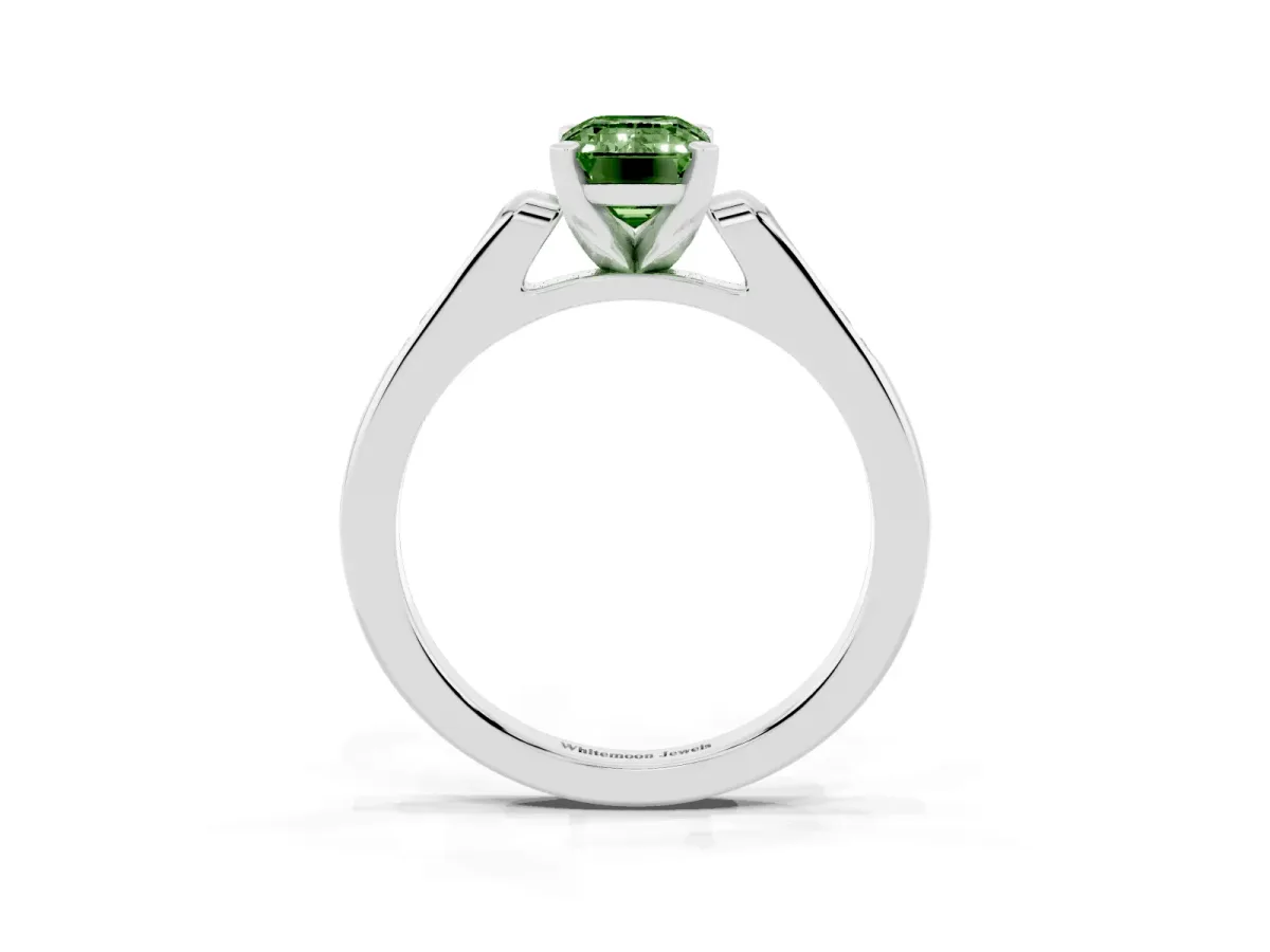 Fancy Green Emerald Cut Diamond Solitaire Ring with Channel Set Round Band and Prong Setting Silver