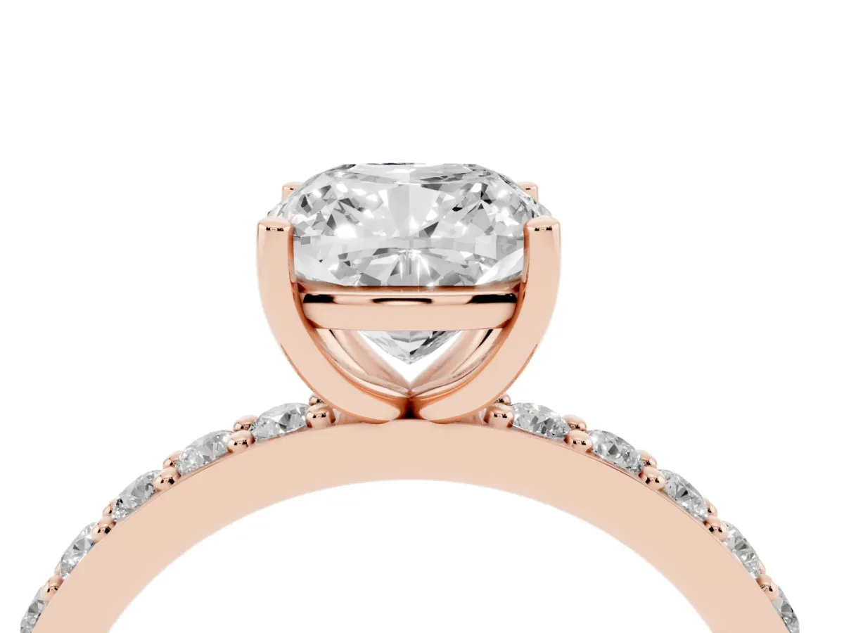 Cushion Cut Cut Diamond Solitaire with Pave Band and Four-Prong Setting Rose gold