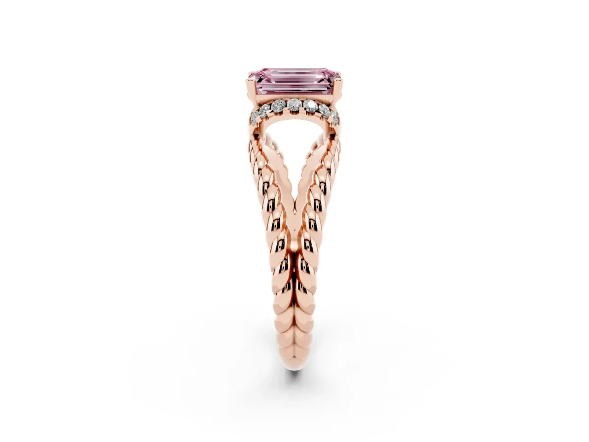 Fancy Pink Emerald Cut Halo Twisted Band Four-Prong Ring Rose gold