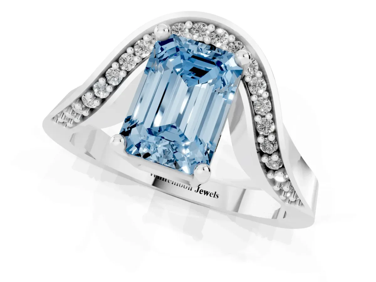 Fancy Blue Emerald Cut Solitaire Diamond Engagement Ring with Pave Band and Four-Prong Setting Silver