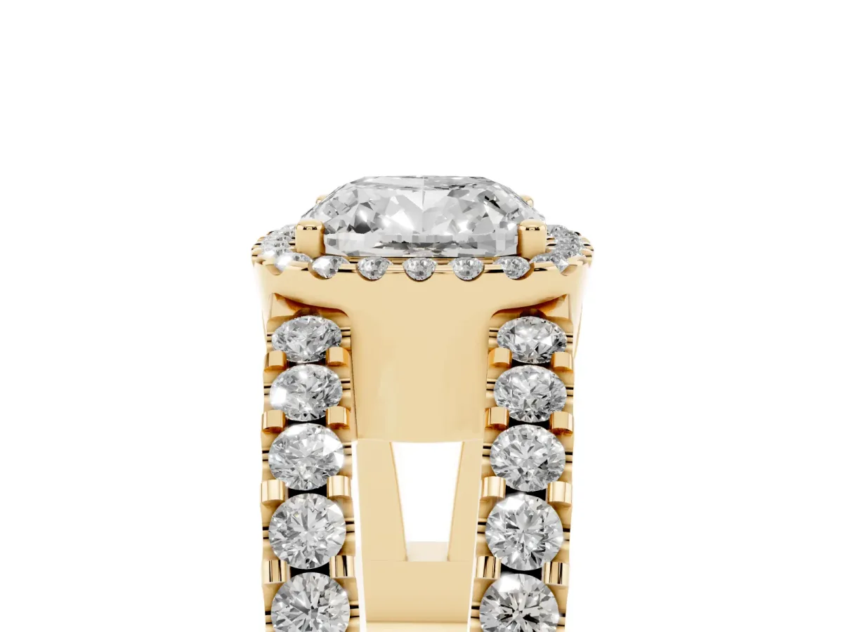 Cushion Cut Cut Halo Split Shank Diamond Ring with Four-Prong Setting Yellow gold