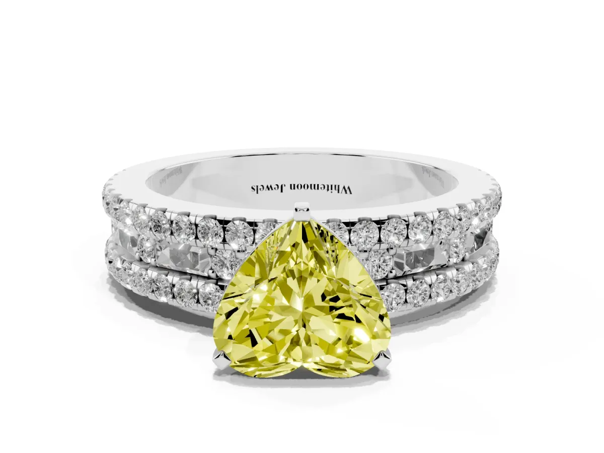 Fancy Yellow Heart Cut Diamond Solitaire Ring with Pavé and Channel Set Band Platinum