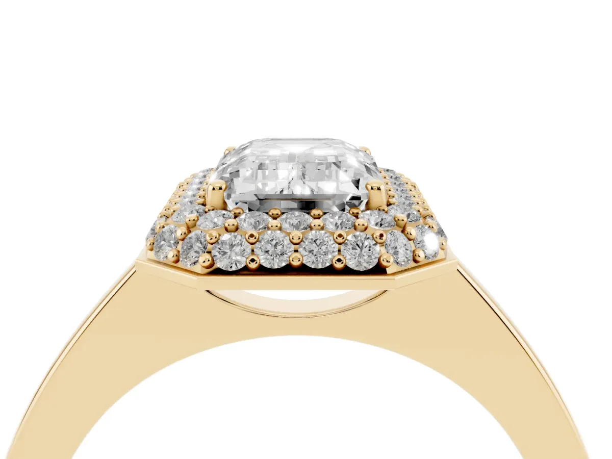 Emerald Cut Halo Diamond Engagement Ring with Solitaire Band and Four-Prong Setting Yellow gold