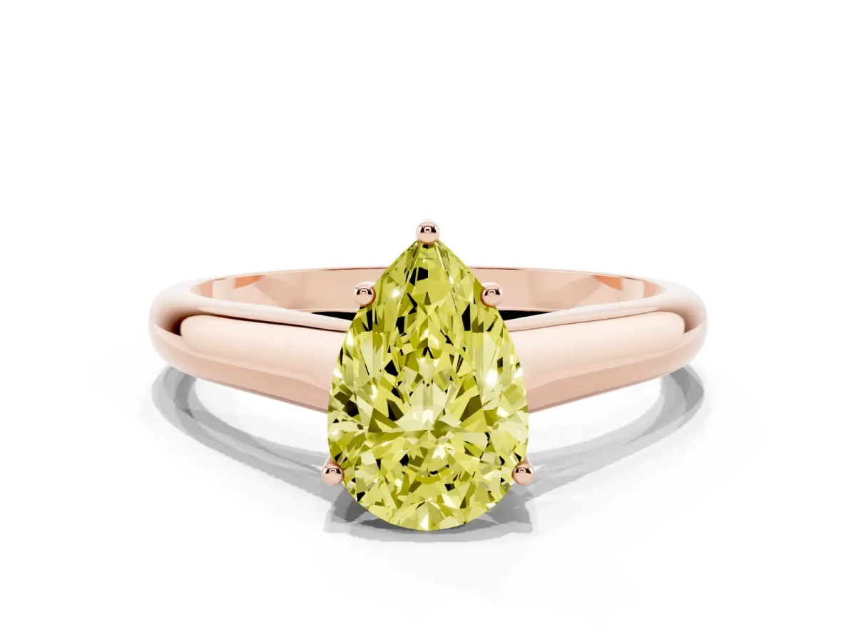Fancy Yellow Pear Cut Solitaire Engagement Ring with Tapered Band and Four-Prong Setting Rose gold