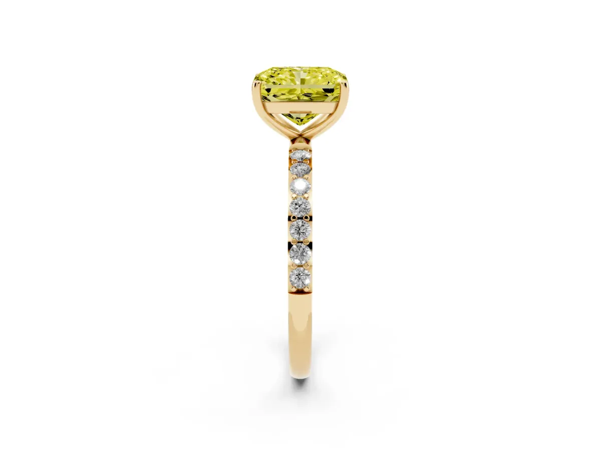 Fancy Yellow Radiant Cut Diamond Solitaire Ring with Round Pavé Shoulders and Prong Setting Yellow gold