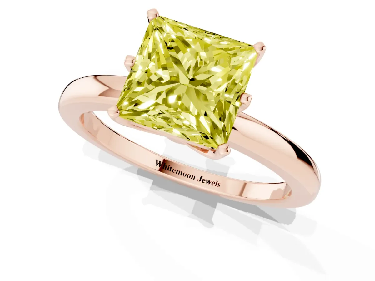 Fancy Yellow Princess Cut Solitaire Diamond Ring with Six-Prong Setting on a Classic Band Rose gold