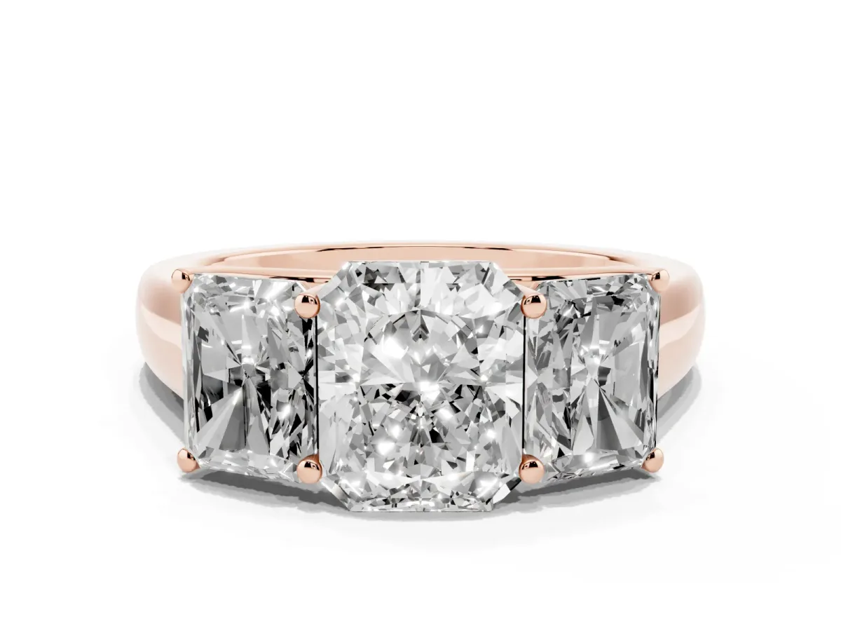 Radiant Cut Three-Stone Diamond Ring with Prong Setting on a Classic Band Rose gold