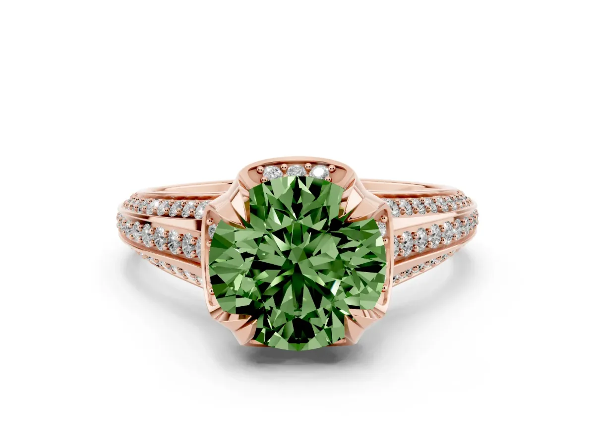 Fancy Green Round Cut Solitaire Pave Split Shank Ring with Four-Prong Setting Rose gold
