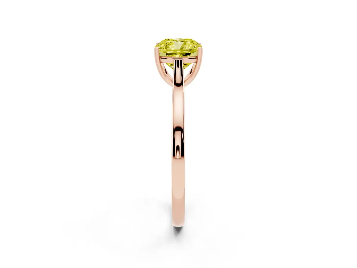 Fancy Yellow Cushion Cut Solitaire Heart Prong Engagement Ring with Tapered Band Rose gold