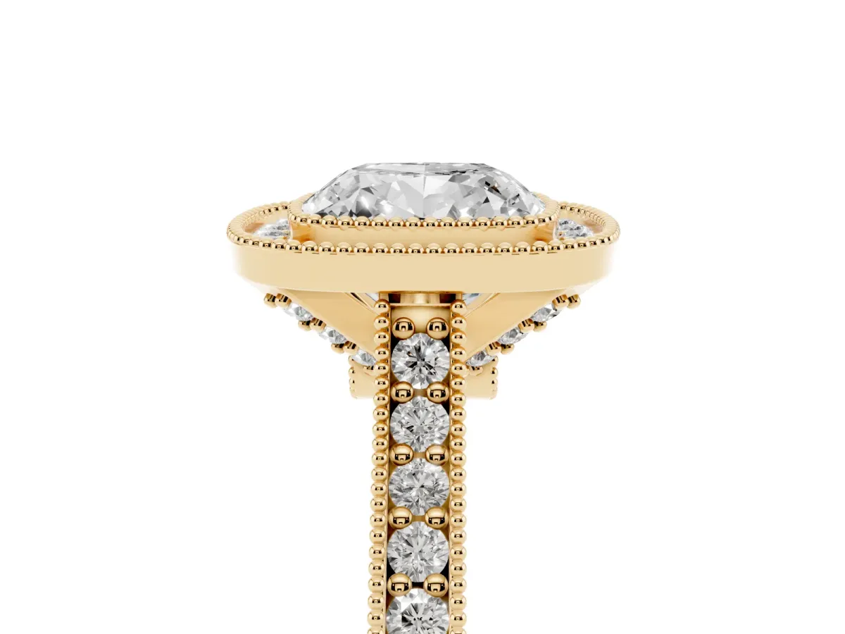Halo Cushion Cut-Cut Diamond Pave Band Milgrain Prong Setting Ring Yellow gold
