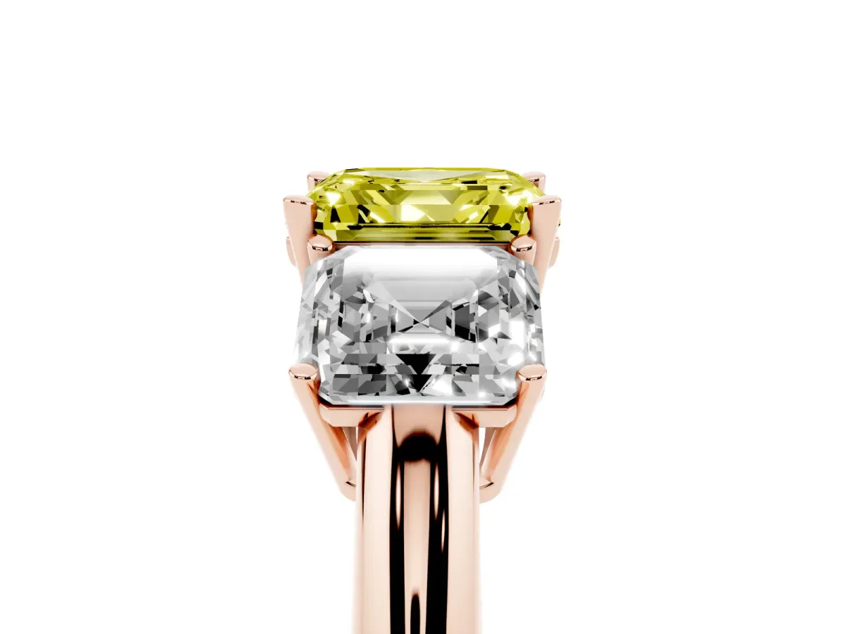 Fancy Yellow Three-Stone Asscher Cut Cut Diamond Engagement Ring with Prong Setting on a White Gold Band Rose gold