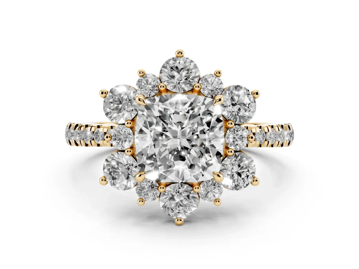 Cushion Cut Diamond Floral Halo Ring with Round Pavé Band and Prong Setting Yellow gold