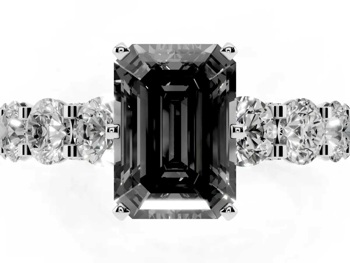 Fancy Black Emerald Cut Diamond Side Stone Engagement Ring with Four-Prong Setting Platinum