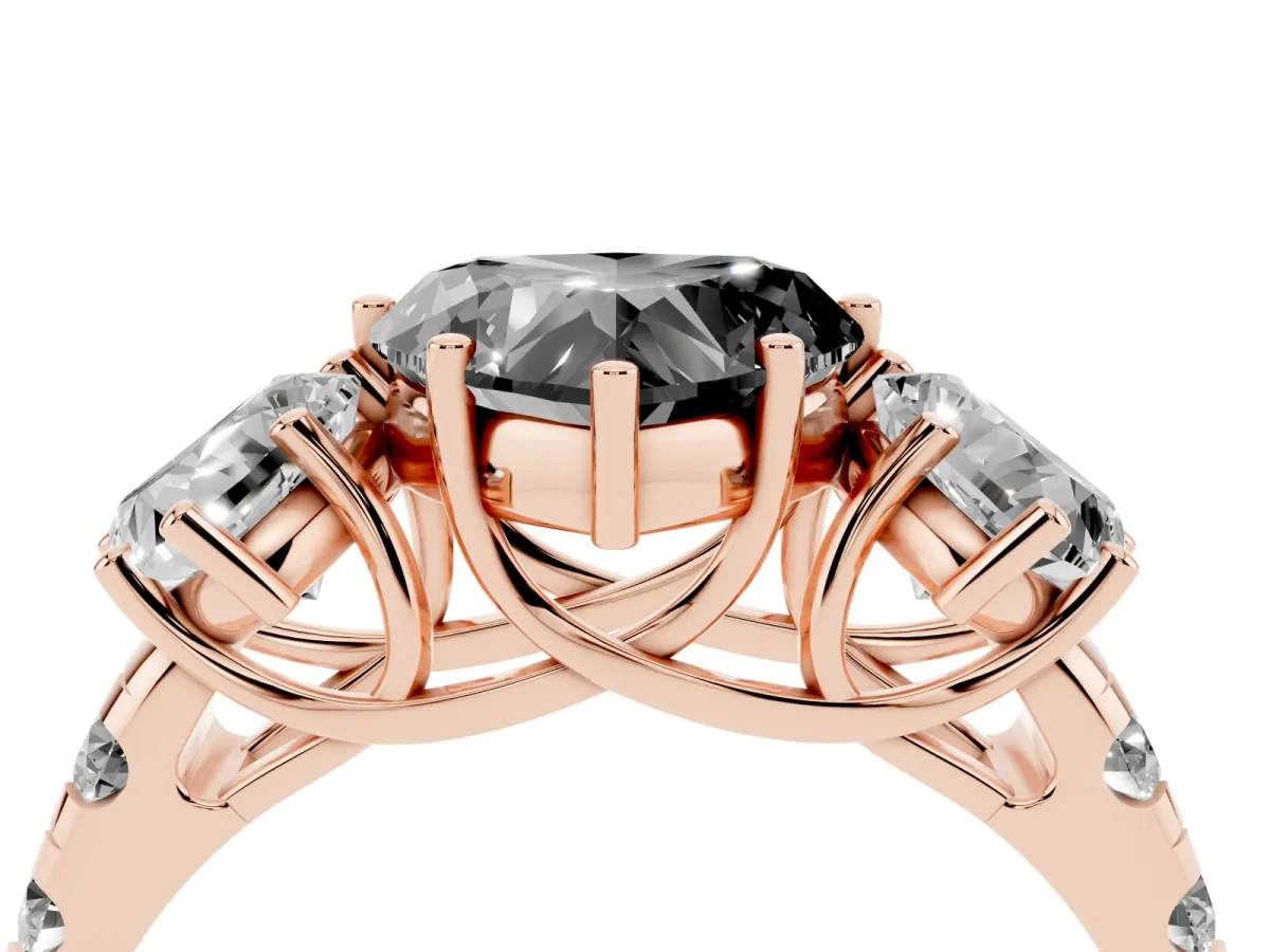 Fancy Black Three-Stone Heart Cut Diamond Pavé Band with Prong Setting Rose gold