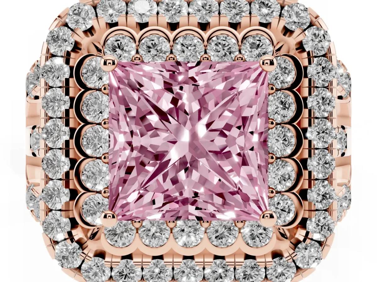 Fancy Pink Princess Cut Diamond Double Halo Ring with Round Pavé Split Shank and Prong Setting Rose gold