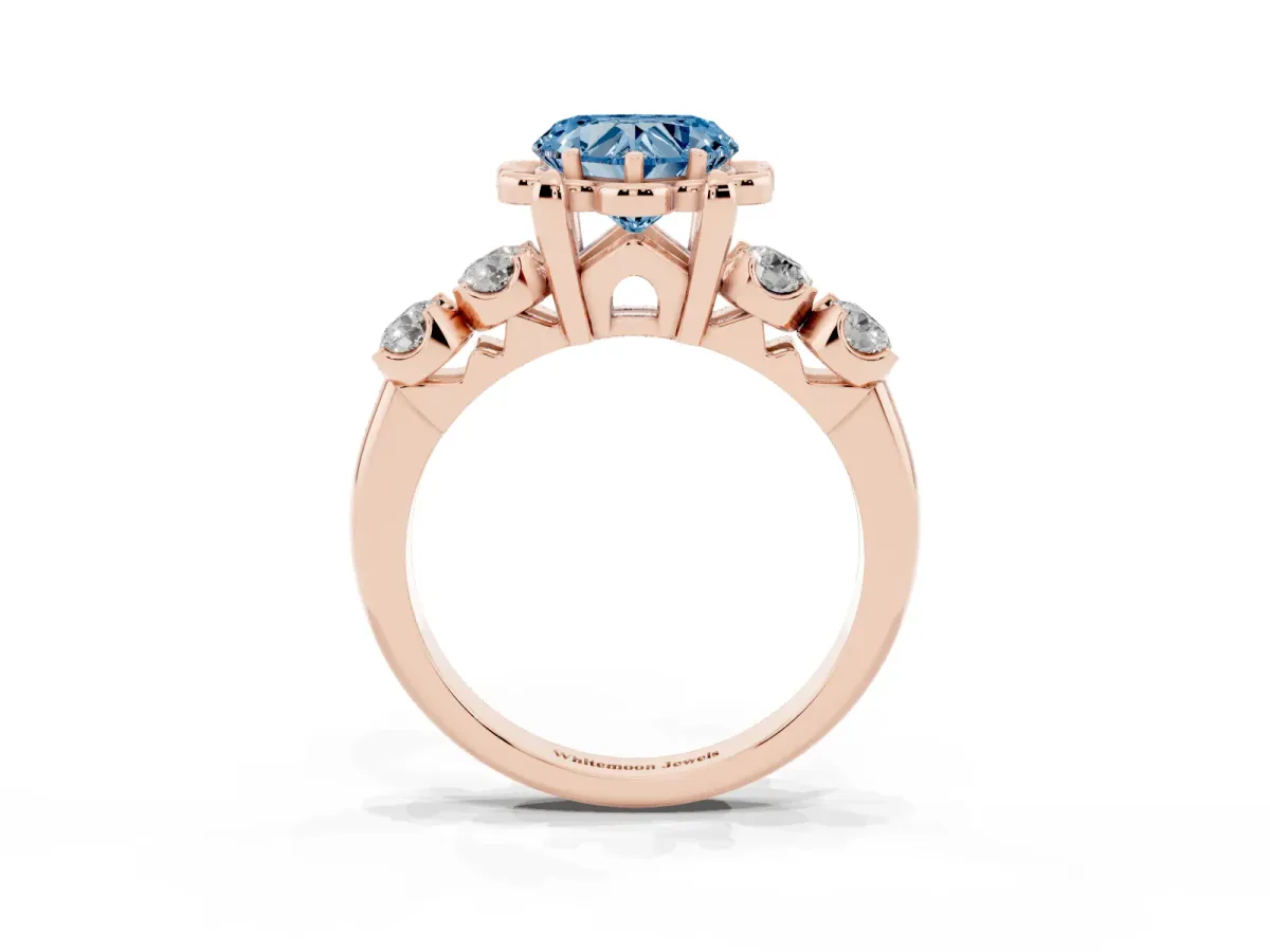 Fancy Blue Heart Cut Cut Diamond Floral Halo Engagement Ring with Shared Prong Setting Rose gold