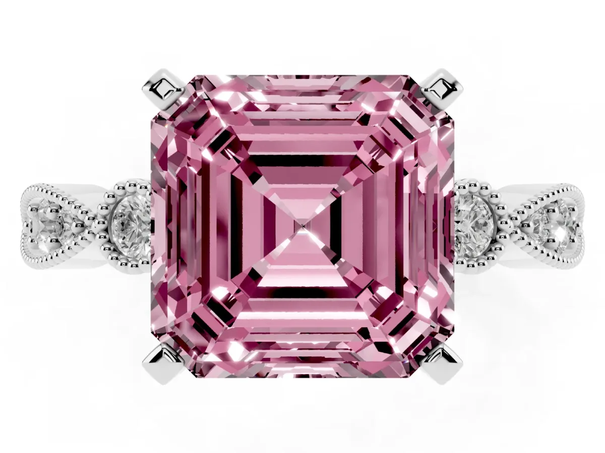 Fancy Pink Asscher Cut Milgrain Bezel Diamond Engagement Ring with Solitaire Prong Setting Platinum