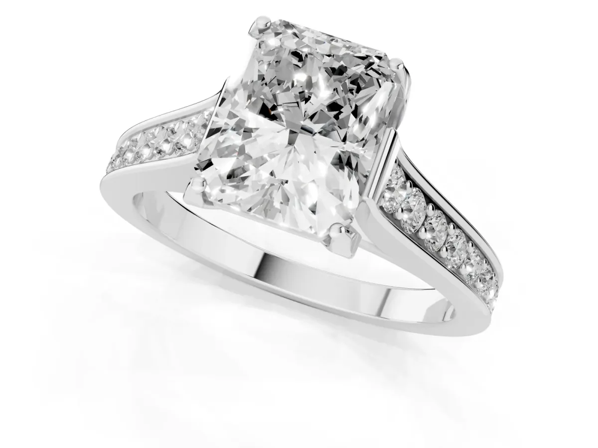 Radiant Cut Brilliant Cut Diamond Engagement Ring with Pavé Band and Four-Prong Setting Platinum