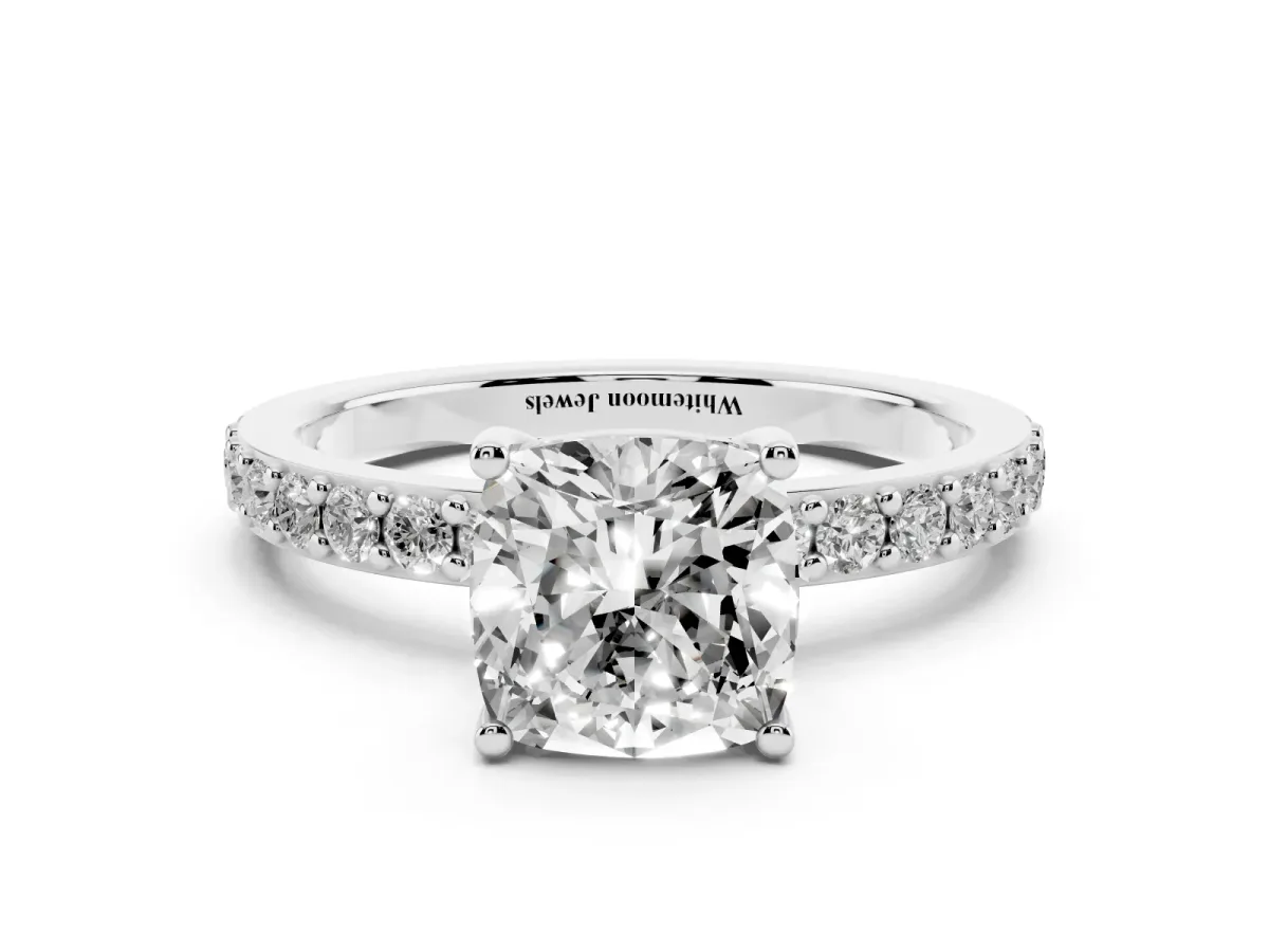 Cushion Cut Cut Diamond Solitaire with Pave Band and Four-Prong Setting Silver