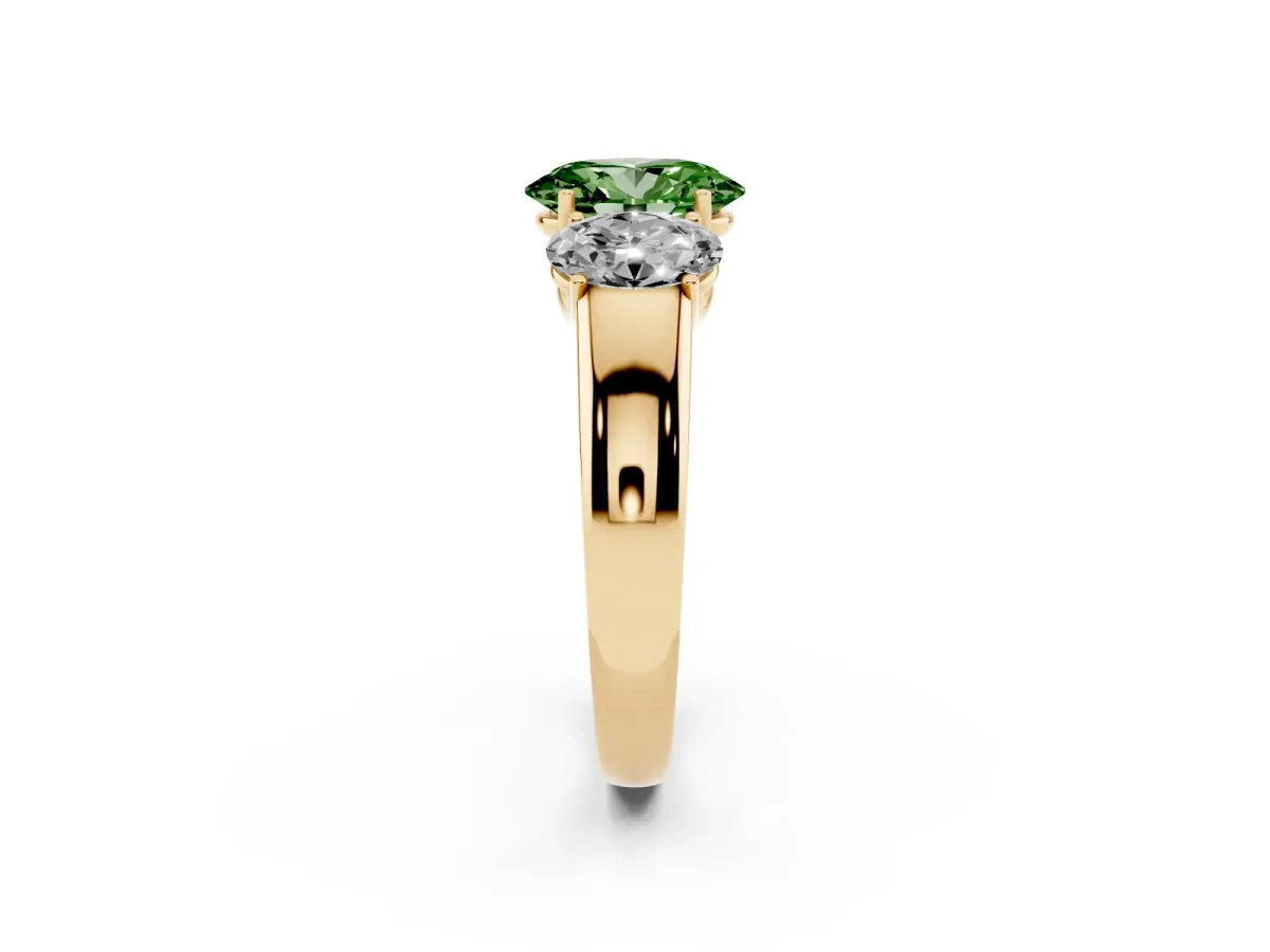 Fancy Green Three-Stone Oval Cut Cut Diamond Ring with Prong Setting and Classic Band Yellow gold