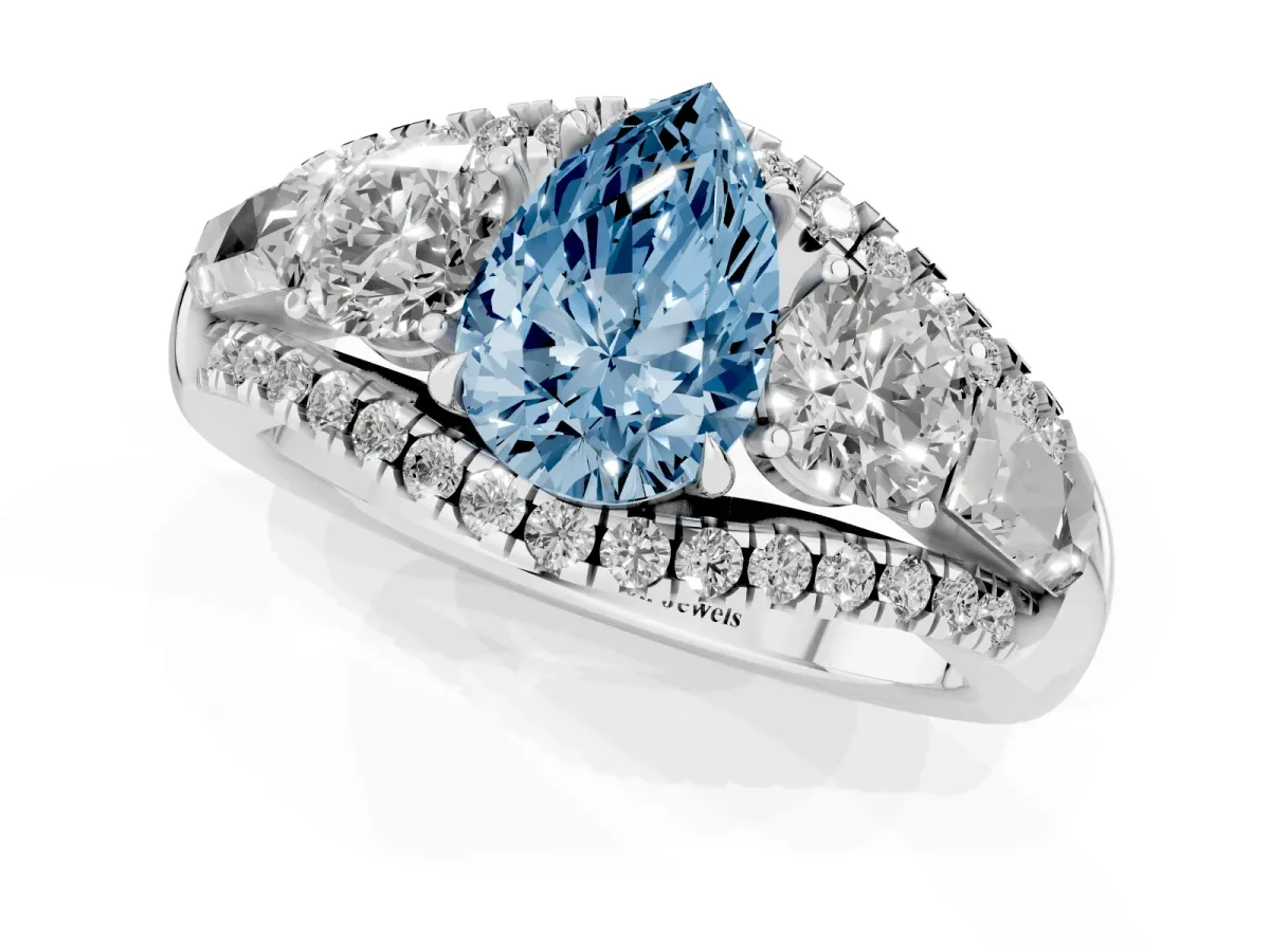 Fancy Blue Three-Stone Pear Cut Diamond Engagement Ring with Pave Band and Prong Setting Silver