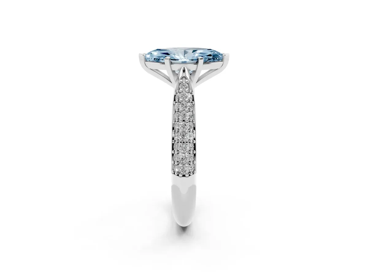 Fancy Blue Marquise Cut Diamond Solitaire Engagement Ring with Multi-Row Round Pavé Band and Prong Setting Silver