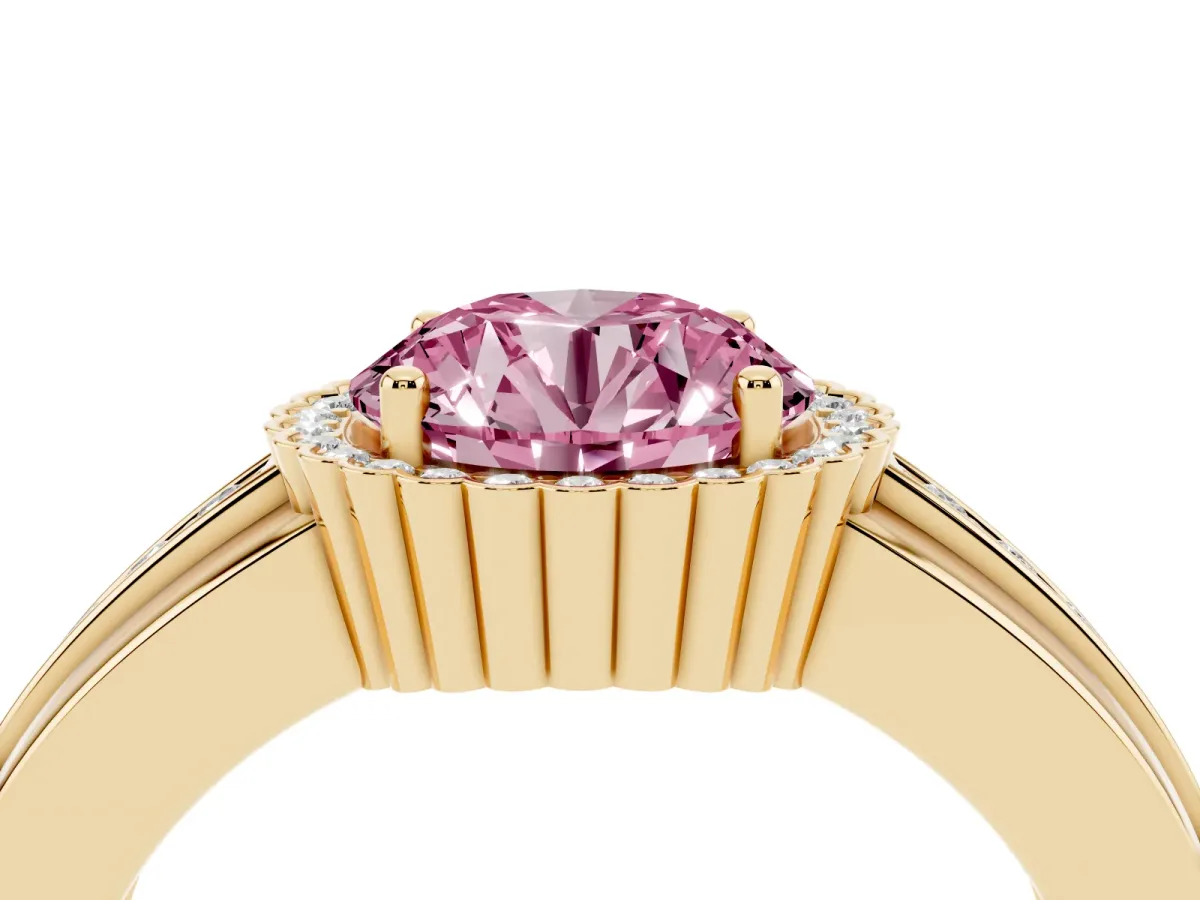 Fancy Pink Round Cut Cut Halo Pave Band Four-Prong Ring Yellow gold