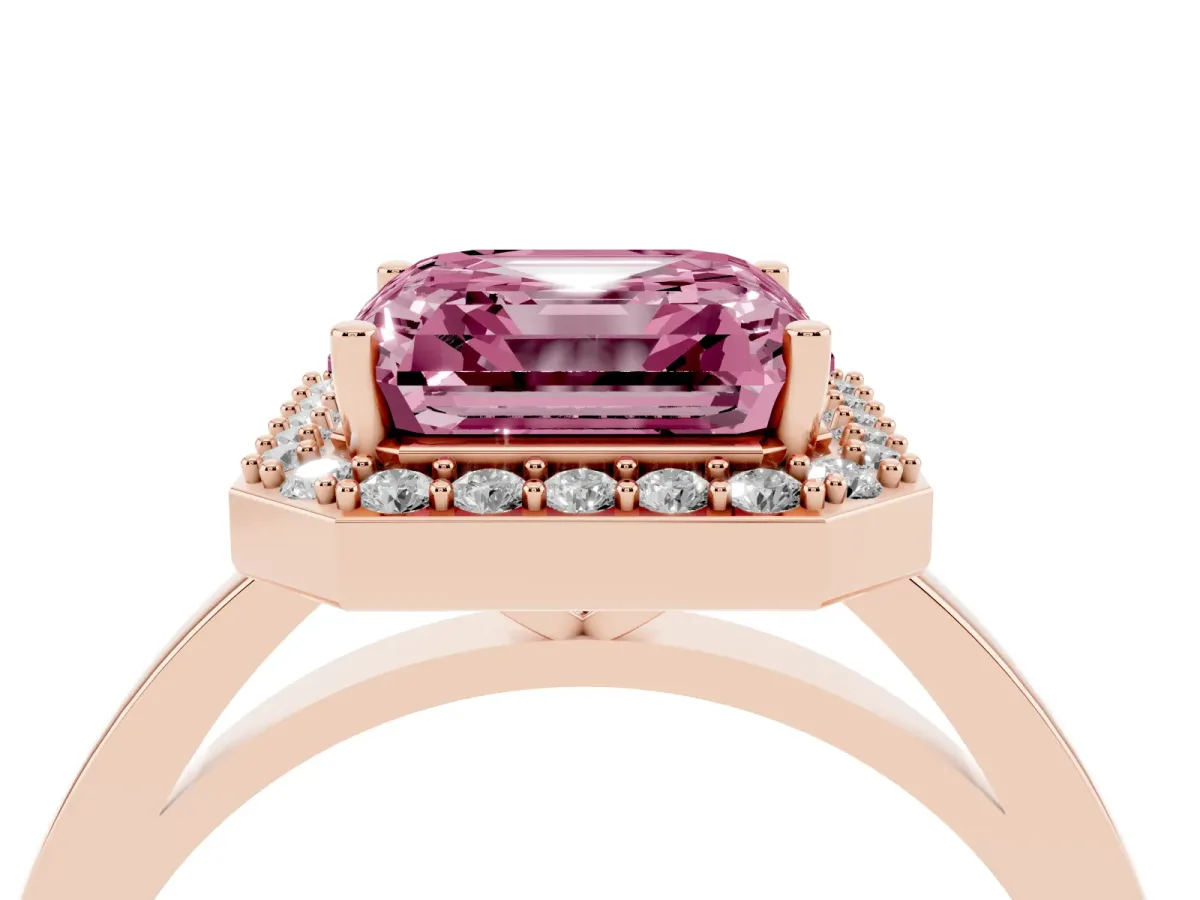 Fancy Pink Asscher Cut Halo Diamond Ring with Solitaire Band and Prong Setting Rose gold