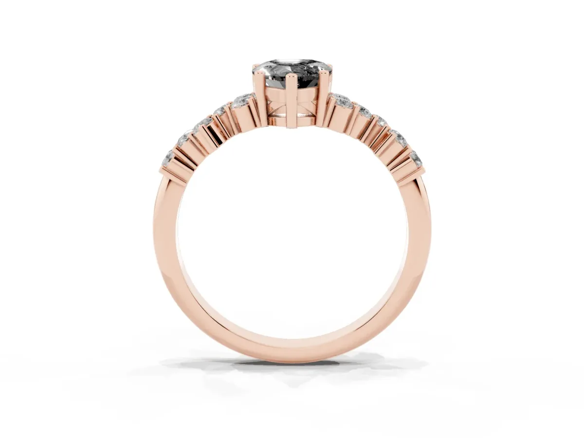 Fancy Black Pear Cut Diamond Scattered Round Accent Ring with Prong Setting Rose gold