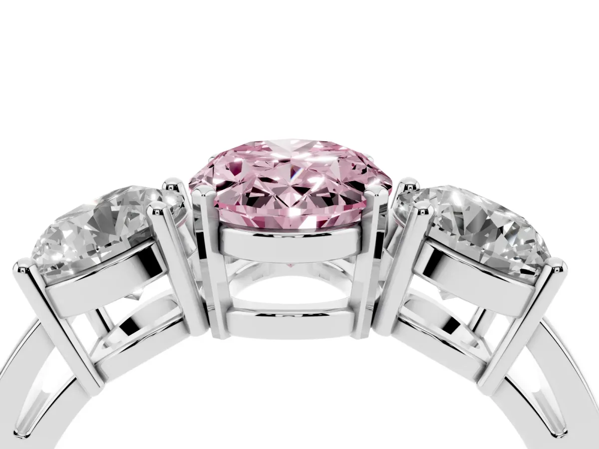 Fancy Pink Three-Stone Oval Cut Diamond Ring with Round Side Stones, Classic Band, and Four-Prong Setting Silver