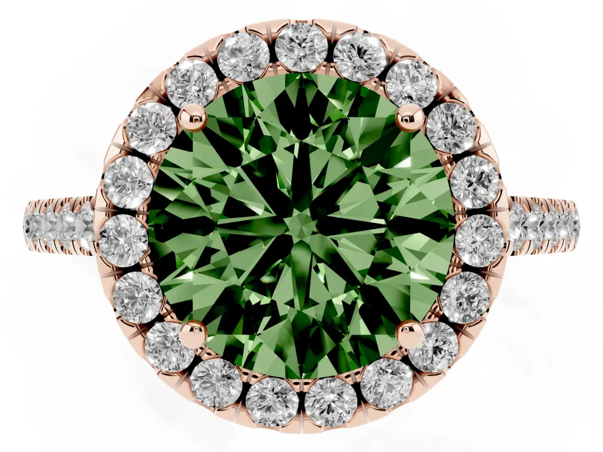 Fancy Green Round Cut Halo Pavé Diamond Engagement Ring with Four-Prong Setting Rose gold