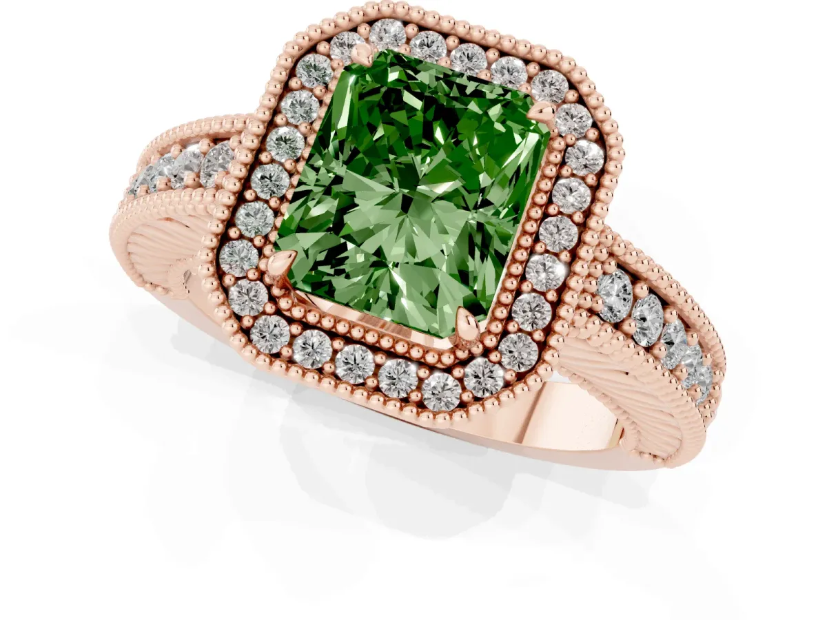 Fancy Green Radiant Cut Cut Halo Diamond Ring with Pavé Band and Four-Prong Setting Rose gold