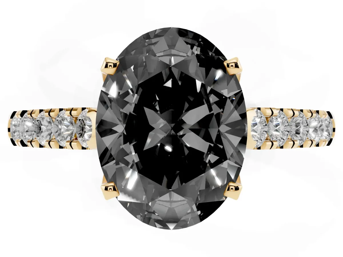 Fancy Black Oval Cut Diamond Pavé Band Solitaire Ring with Prong Setting Yellow gold