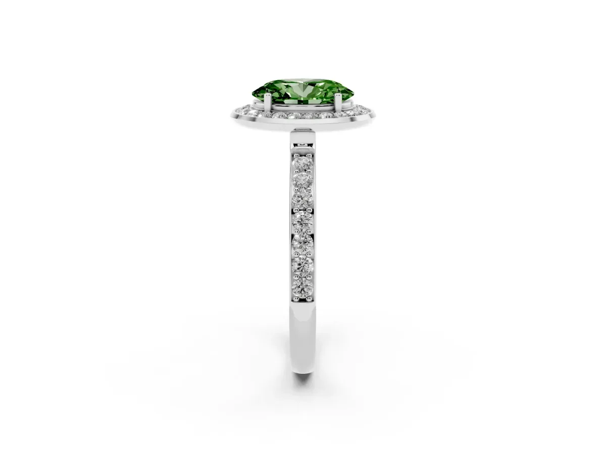 Fancy Green Oval Cut Diamond Halo Ring with Bezel Frame and Pavé Band Silver
