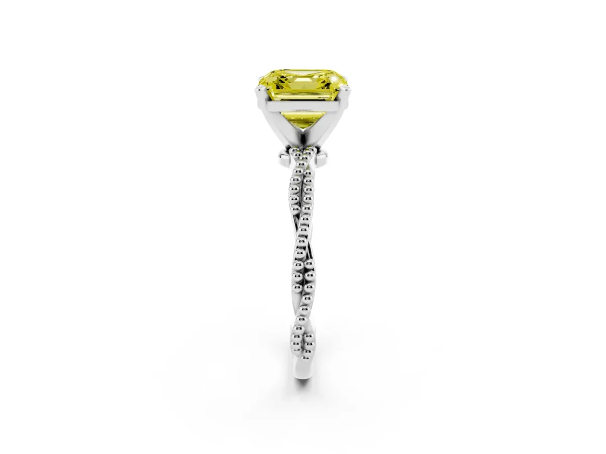 Fancy Yellow Asscher Cut Solitaire Twisted Band with Bead Prong Setting Silver
