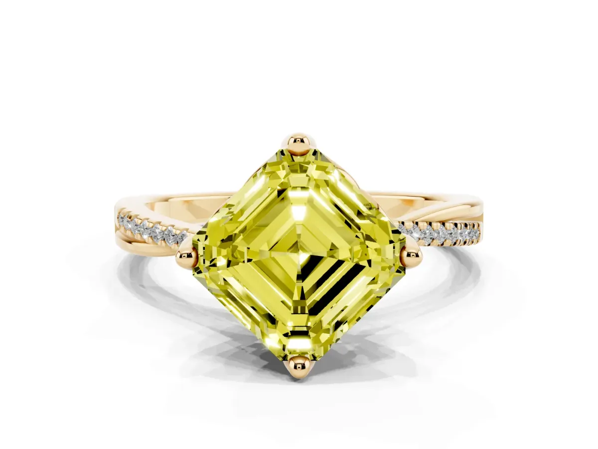 Fancy Yellow Asscher Cut Solitaire Twist Band with Pavé Diamonds and Four-Prong Setting Yellow gold
